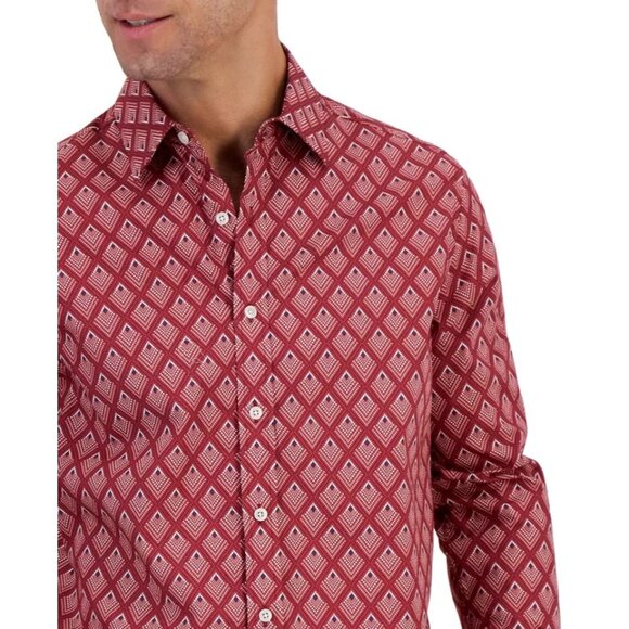 Club Room Men Karanda Button-Down Shirt Cotton Geometric Printed Red Size Small - Picture 2 of 3